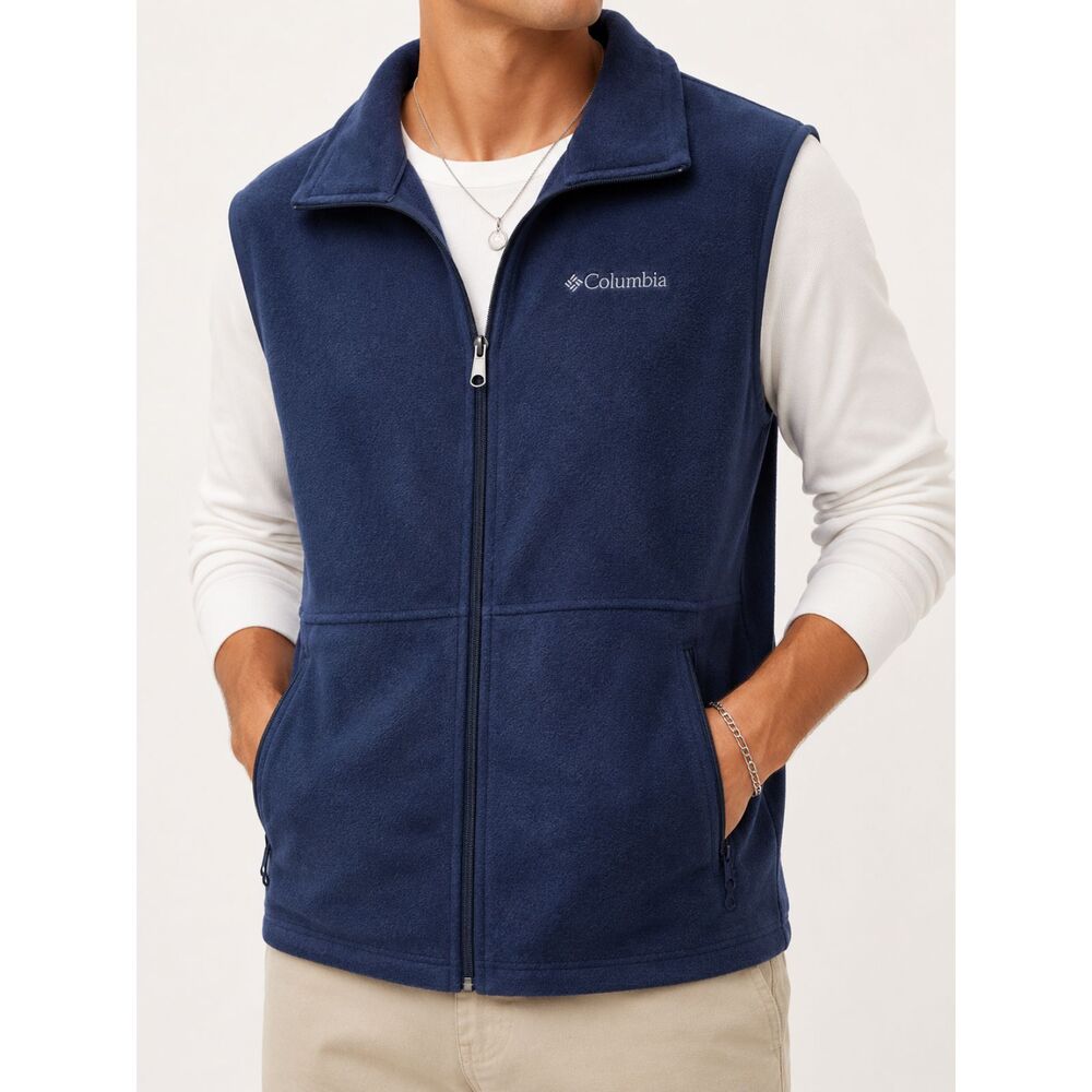 NWT Columbia Men's Fleece Vest M Navy Blue Full Zip Outdoor Hiking Zip Pockets